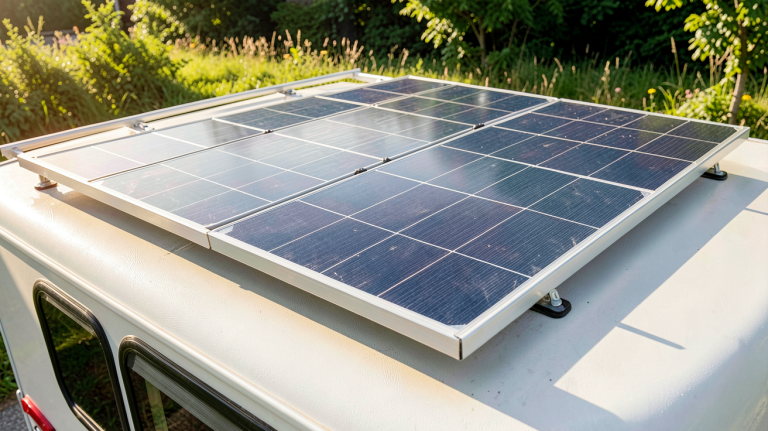 panneau solaire installé sur le toit d'un camping-car en plein soleil