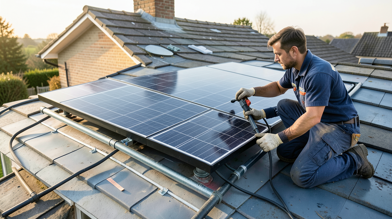 panneau chauffe eau solaire en cours d'installation sur le toit d'une maison avec un technicien