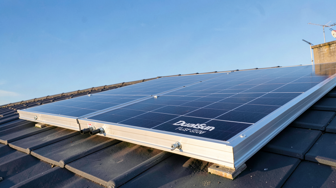 panneau DualSun 500W installé sur un toit avec vue sur les détails techniques du module solaire