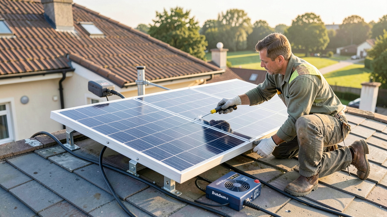 panneau DualSun 500W en cours d'installation sur un toit résidentiel par un professionnel