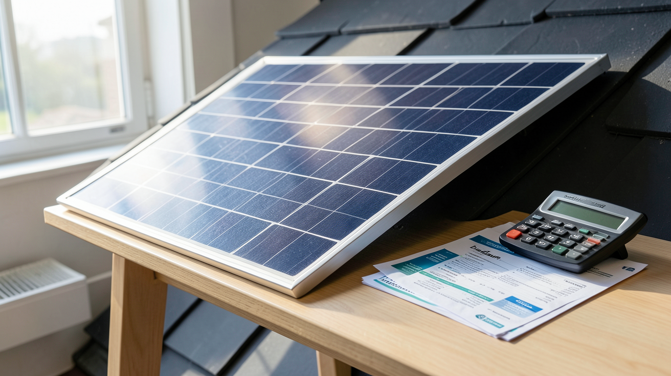 panneau DualSun installé sur un toit avec un calculateur de retour sur investissement et des documents d'aides financières