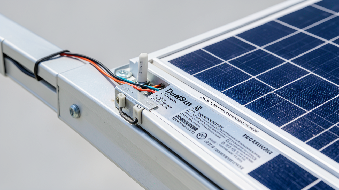 panneau DualSun en gros plan montrant ses caractéristiques techniques détaillées : connecteurs, câblage et structure de montage