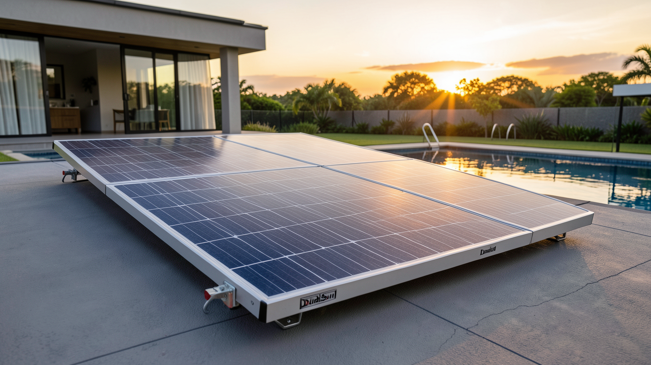 panneau DualSun installé sur le toit d'une maison moderne avec une piscine en arrière-plan