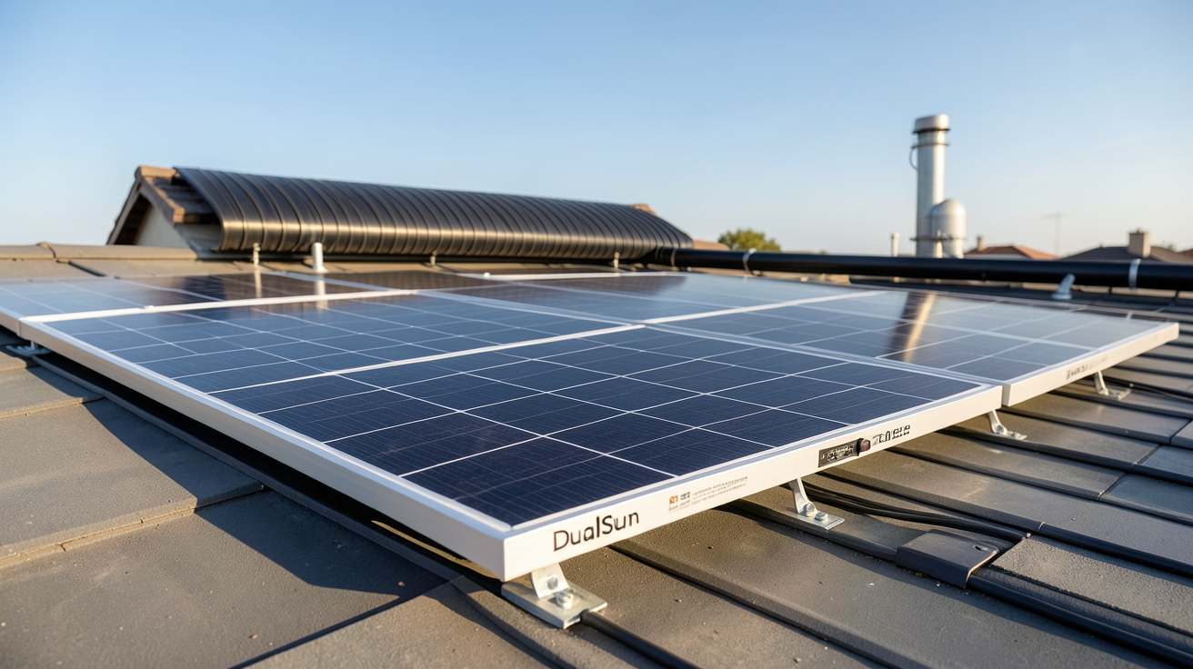 panneau DualSun hybride PVT installé sur un toit résidentiel avec cellules photovoltaïques et circuit thermique