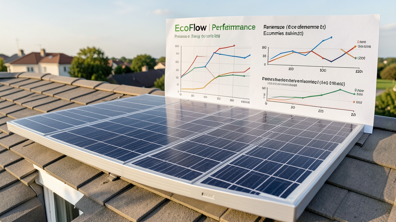 panneau EcoFlow installé sur un toit avec un comparatif des performances énergétiques en arrière-plan