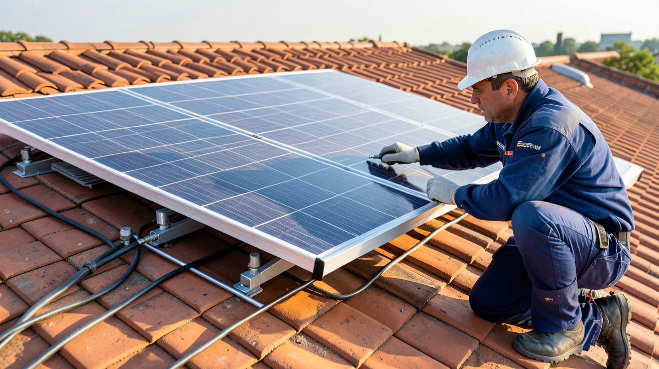 panneau EcoFlow installé sur un toit avec un technicien en train de fixer les supports d'installation