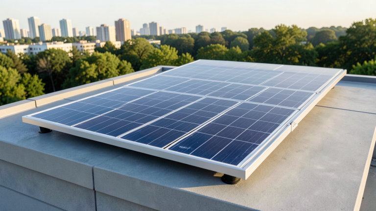 panneau EcoFlow installé sur un toit avec une lumière naturelle du matin