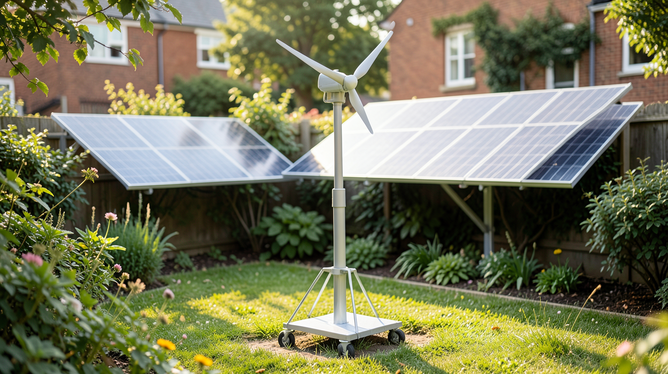 panneau éolienne domestique installée dans un jardin urbain avec des panneaux solaires en arrière-plan