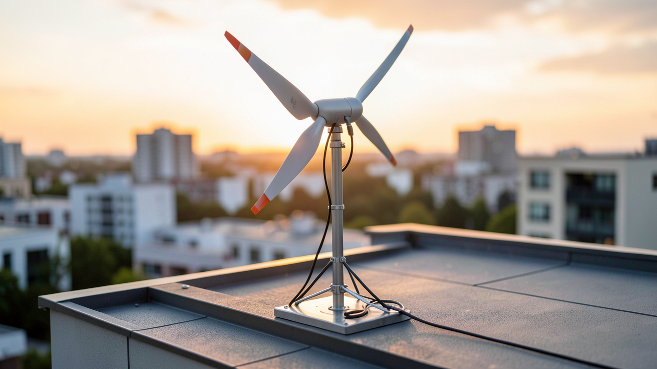panneau éolien installé sur le toit d'une maison urbaine moderne pour une installation domestique