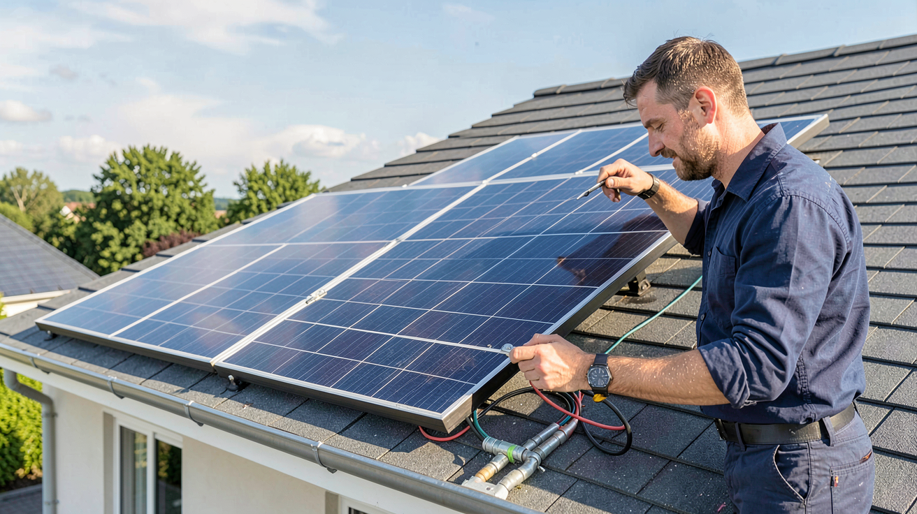 panneau hybride en cours d'installation sur un toit de maison avec un professionnel vérifiant les connexions