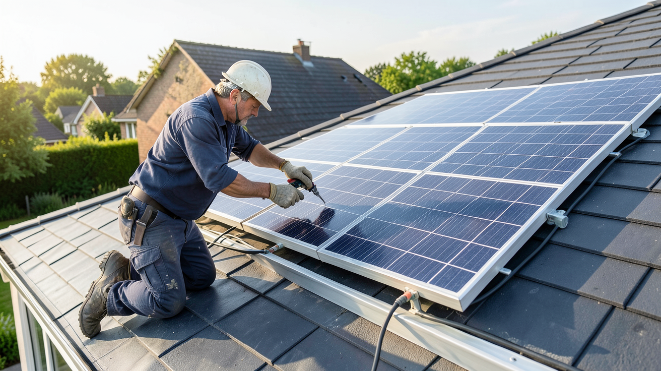 panneau hybride photovoltaïque et thermique en cours d'installation clé en main sur un toit résidentiel