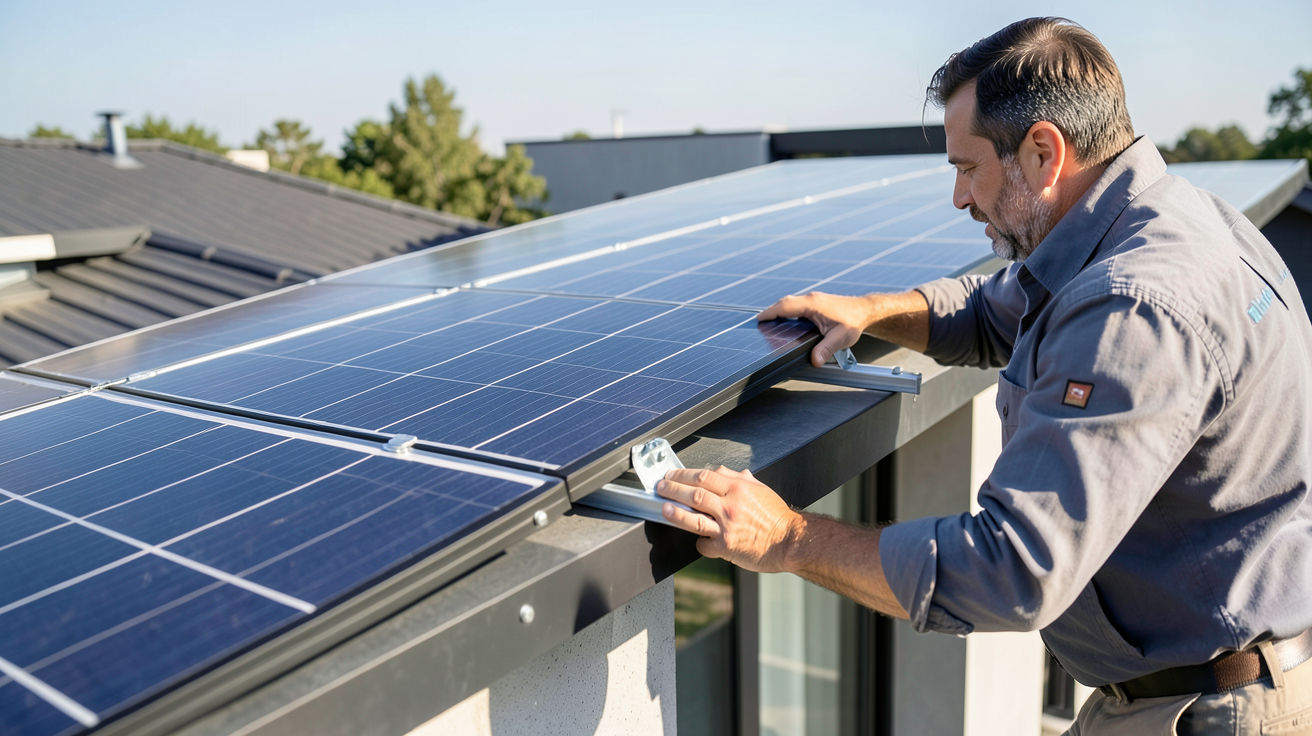 panneau longi solar en cours d'installation sur un toit par un professionnel