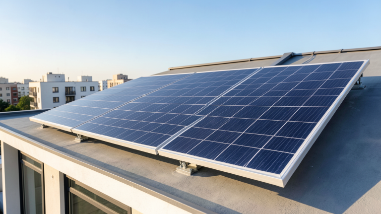panneau Longi Solar installé sur le toit d'une maison urbaine moderne