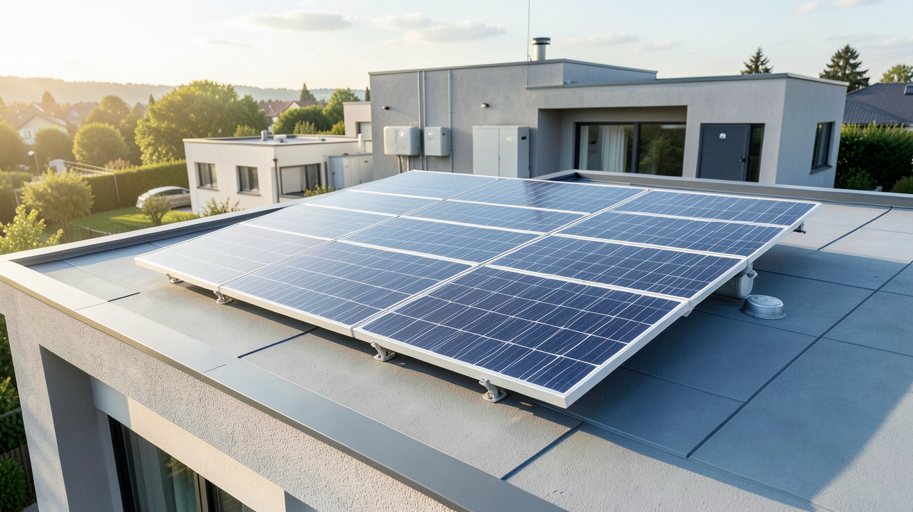 panneau mixte photovoltaïque-thermique combiné avec des batteries de stockage et un système de gestion énergétique sur le toit d'une maison moderne