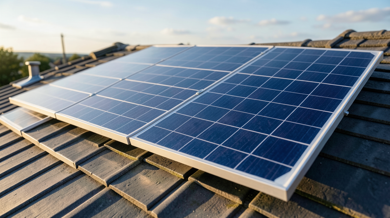 panneau monocristallin en silicium bleu installé sur un toit incliné