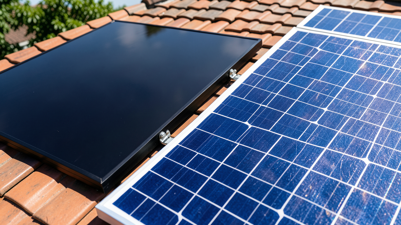 panneau monocristallin ou polycristallin montrant la différence visuelle entre les cellules solaires noires et les cellules bleues.