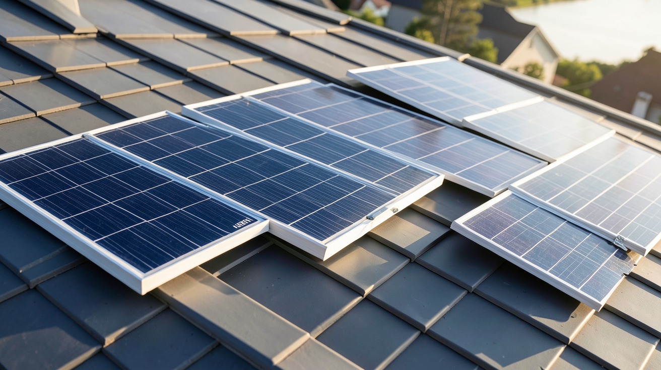 panneau MyLight 150 comparé à d'autres panneaux solaires sur un toit, vue réaliste