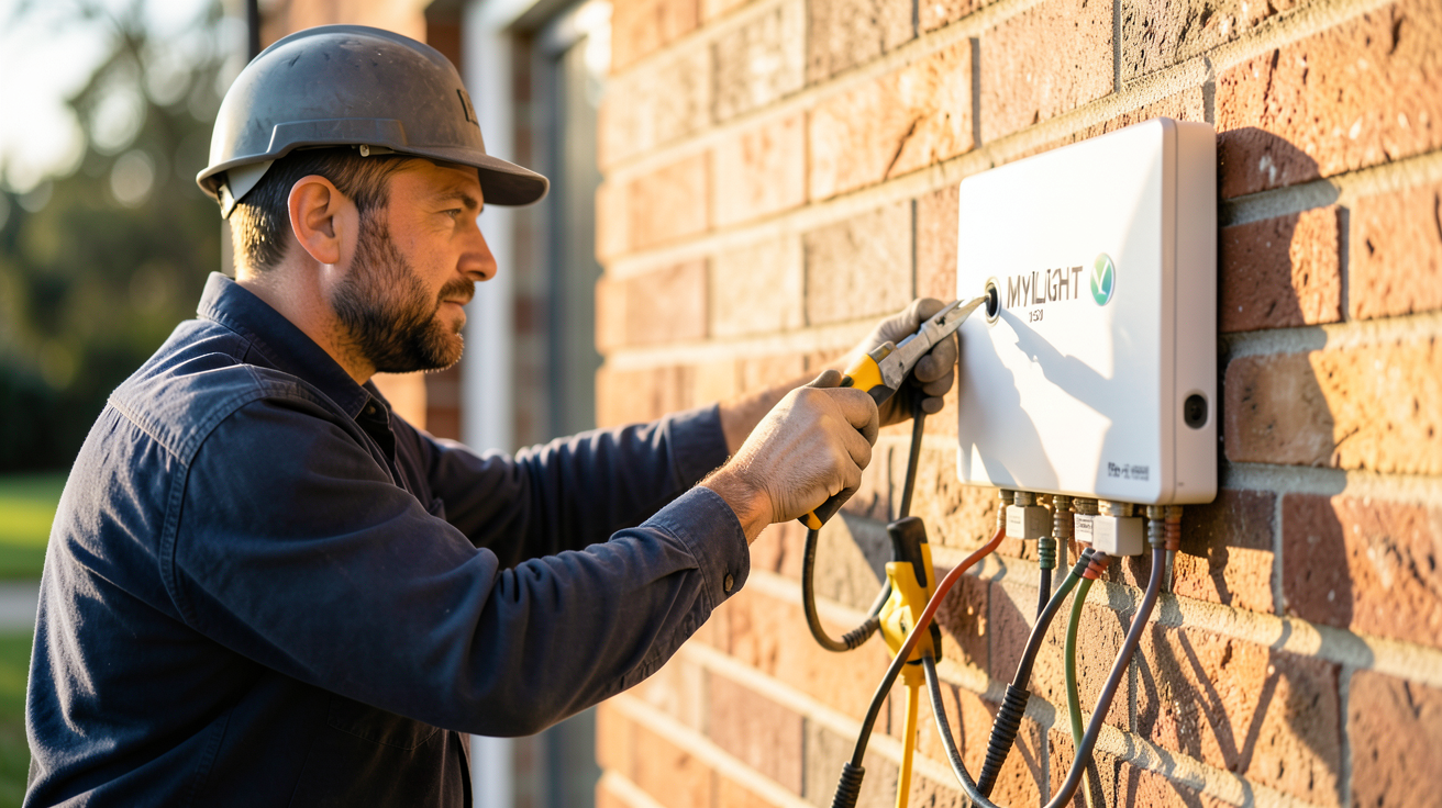 panneau MyLight 150 en cours d'installation par un professionnel sur un mur extérieur en brique