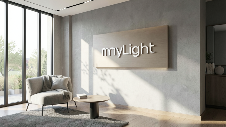 panneau MyLight intégré au mur d'un salon moderne avec lumière naturelle