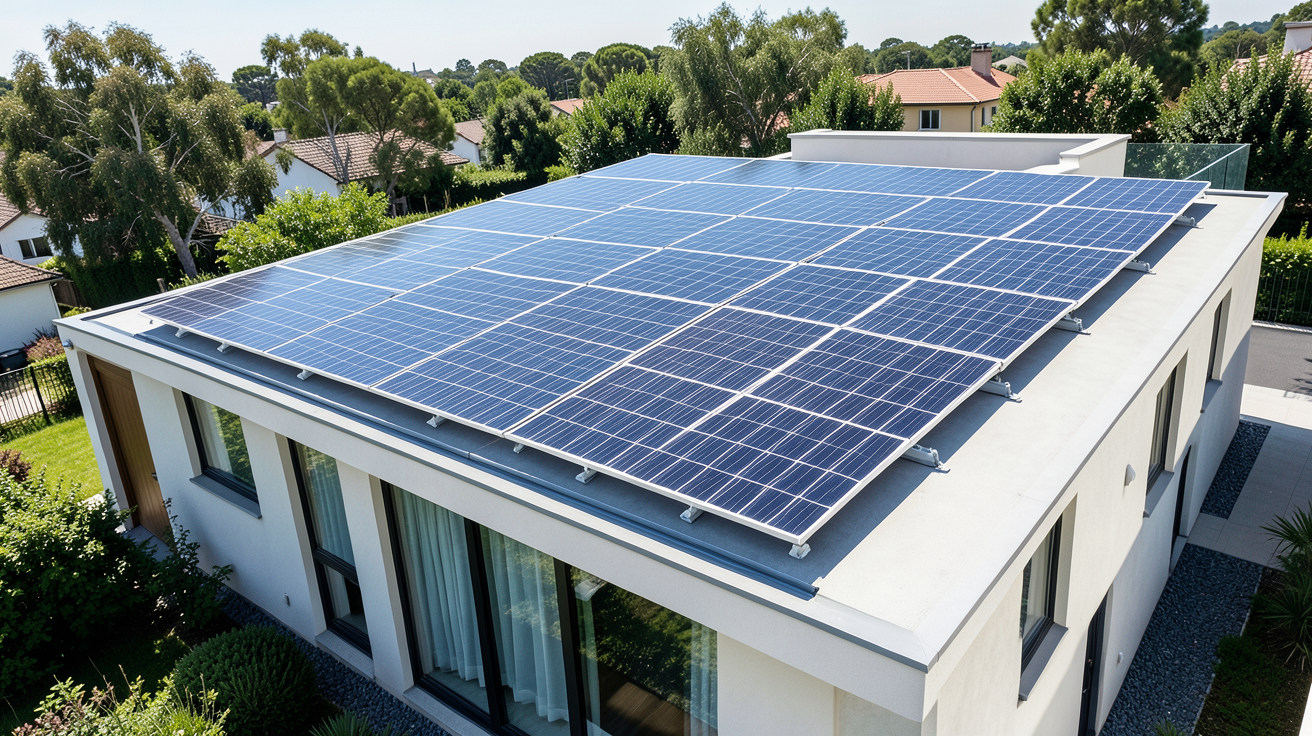panneau photo voltaique installé sur le toit d'une maison moderne pour la production d'énergie