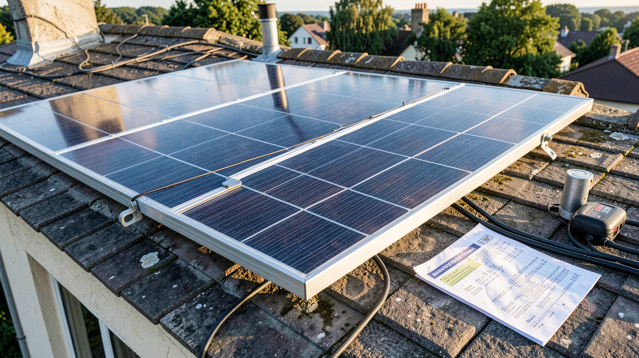 panneau photovoltaïque 1 euro installation 2026 avec documents d'aides financières sur un toit de maison