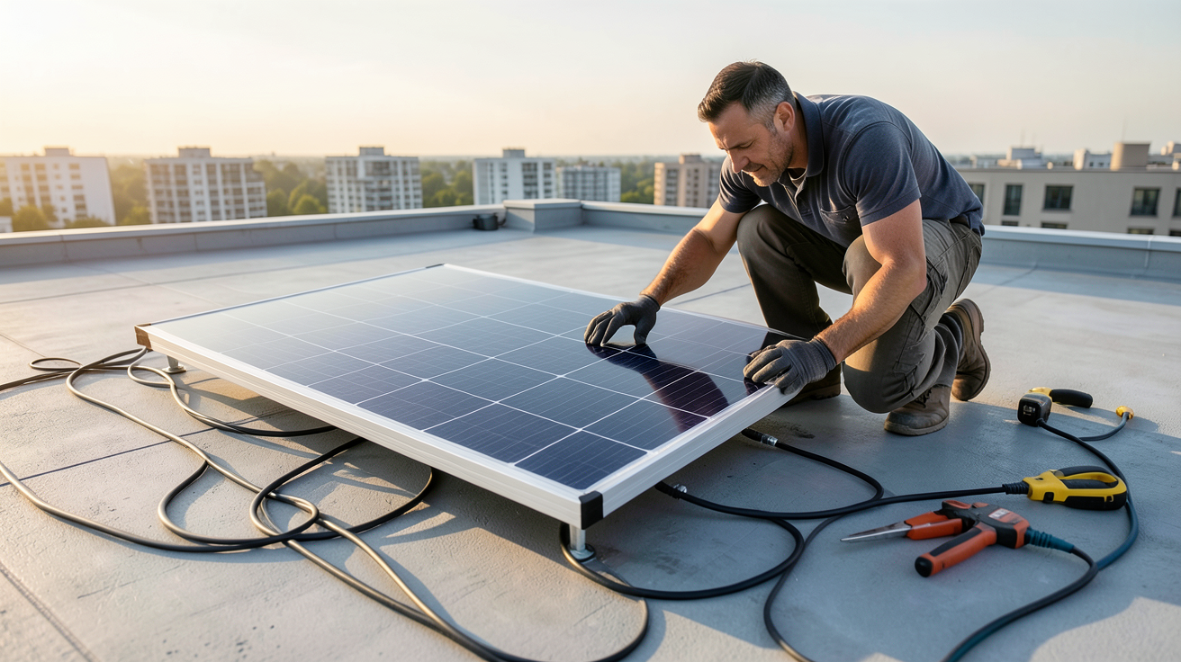 panneau photovoltaique 1000w en cours d'installation sur un toit plat moderne par un professionnel