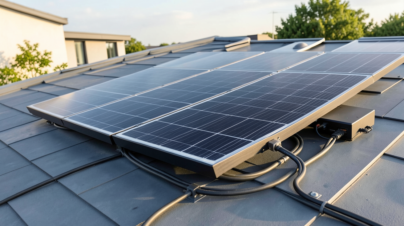 panneau photovoltaique 1000w installé sur un toit de maison moderne avec onduleur et câbles