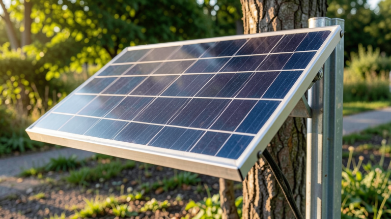 panneau photovoltaïque 100W installé sur un support extérieur avec lumière naturelle