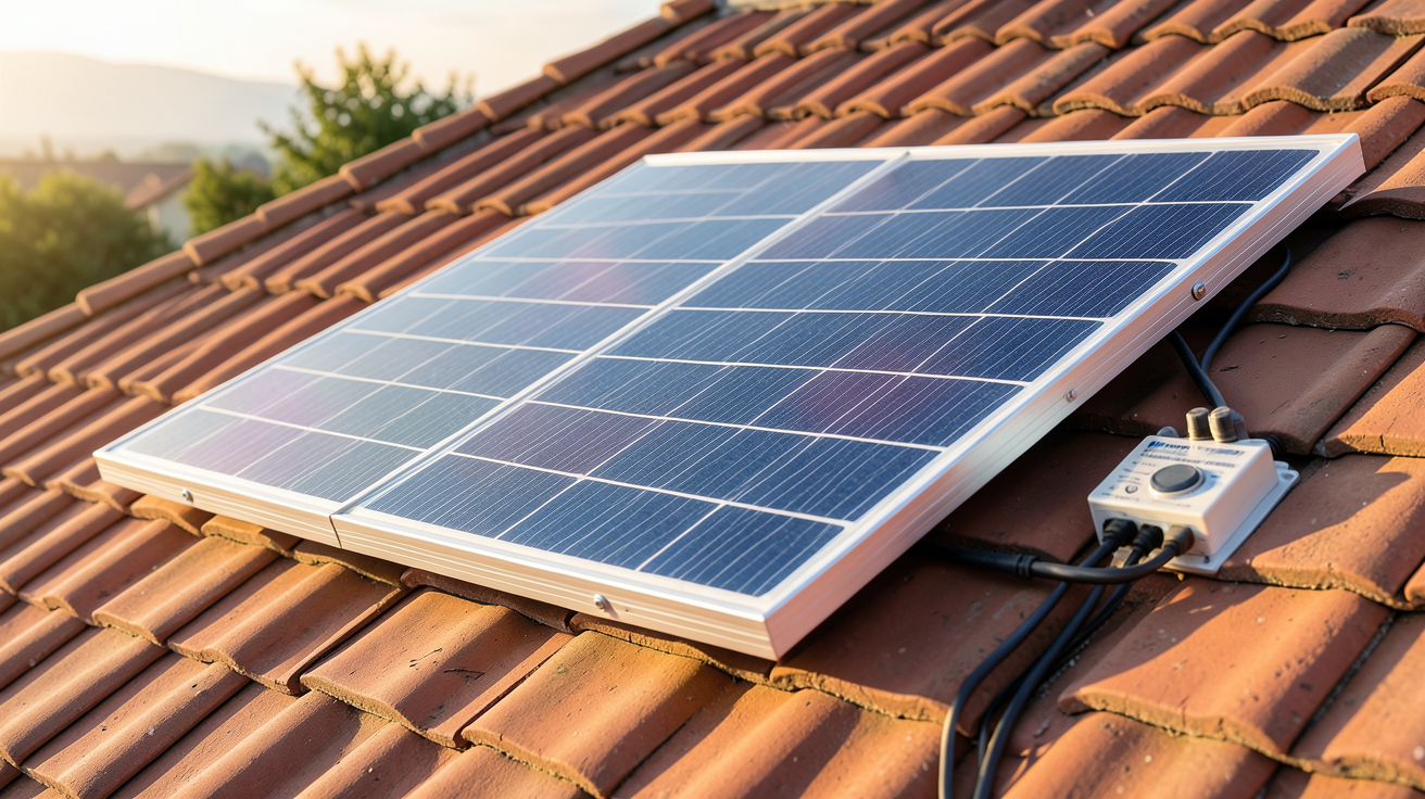 panneau photovoltaïque 100W installé sur un toit de maison avec câbles et régulateur de charge