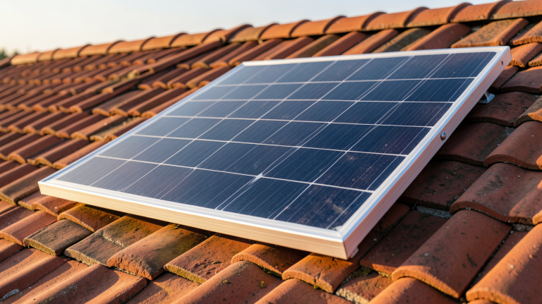 panneau photovoltaïque 12 volts installé sur un toit en tuiles rouges