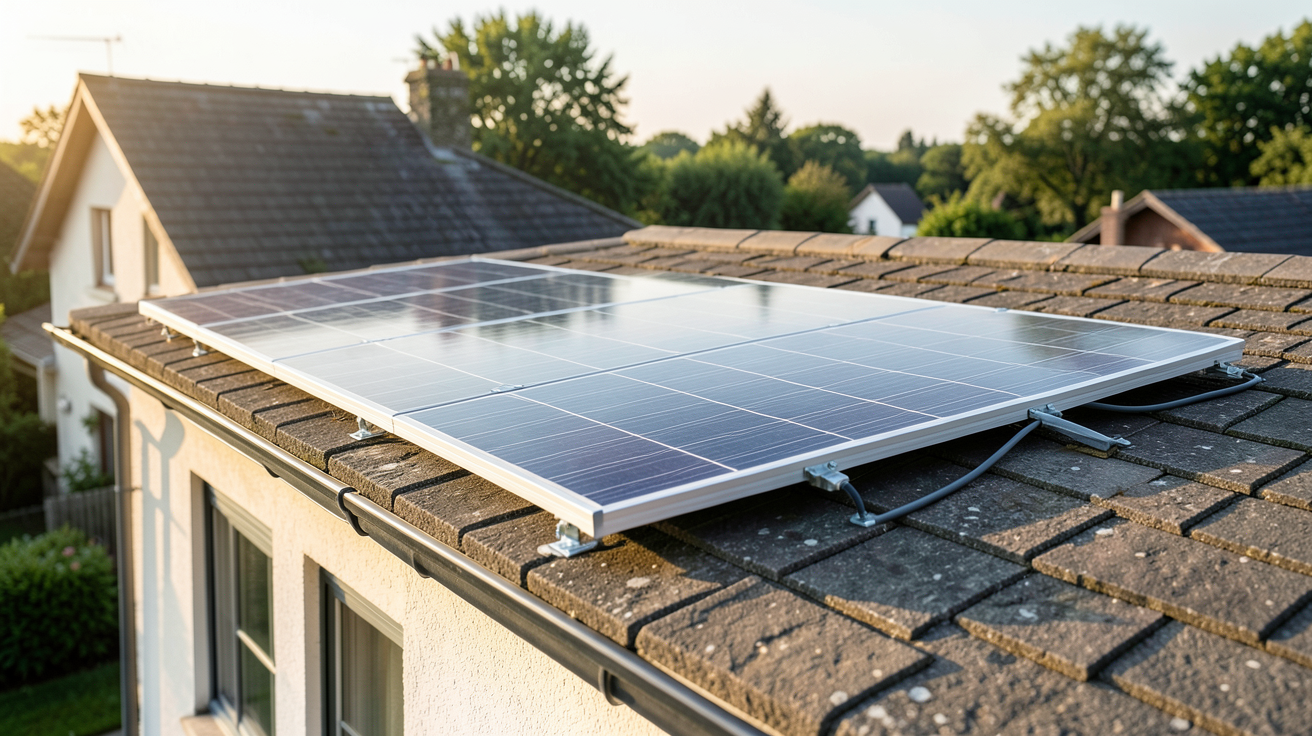 panneau photovoltaïque 12 volts installé sur le toit d'une maison avec système de fixation visible