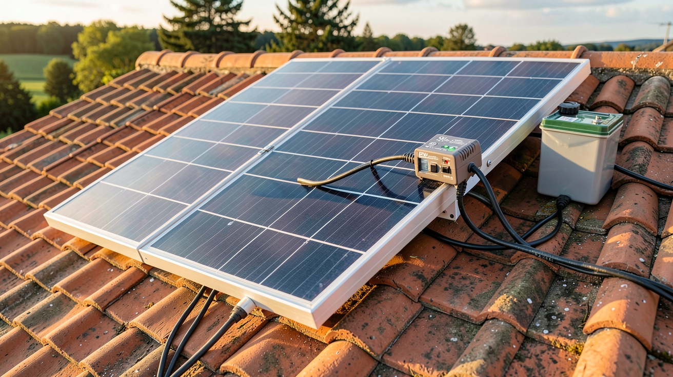 panneau photovoltaïque 12V installé sur un toit en tuiles rouges avec régulateur de charge et batterie