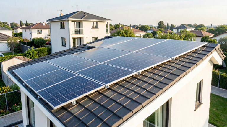 panneau photovoltaique 12v installé sur le toit d'une maison résidentielle moderne