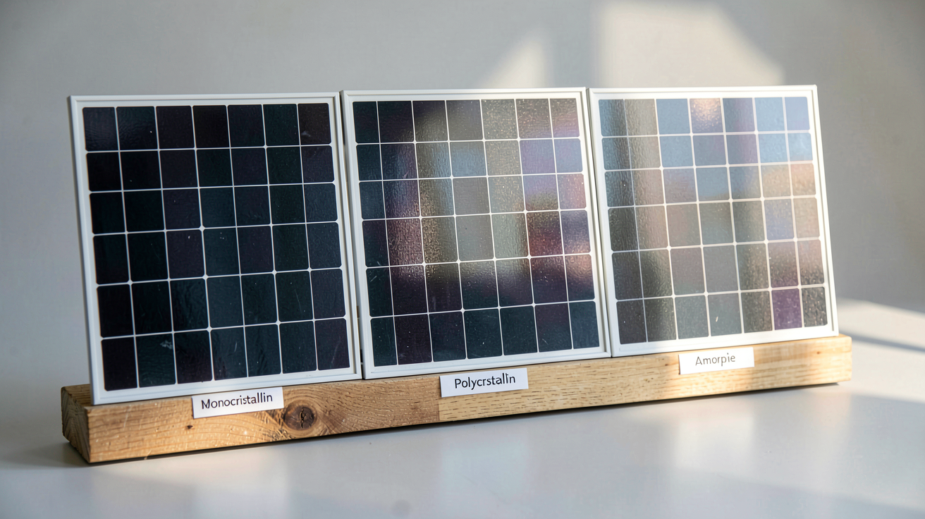 panneau photovoltaïque 12V montrant trois types : monocristallin, polycristallin et amorphe