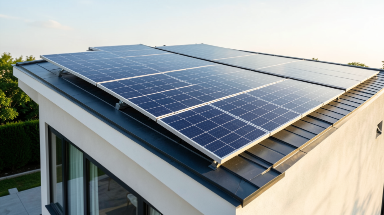panneau photovoltaique 2000w installé sur le toit d'une maison moderne, capturé en haute résolution avec un rendu professionnel.