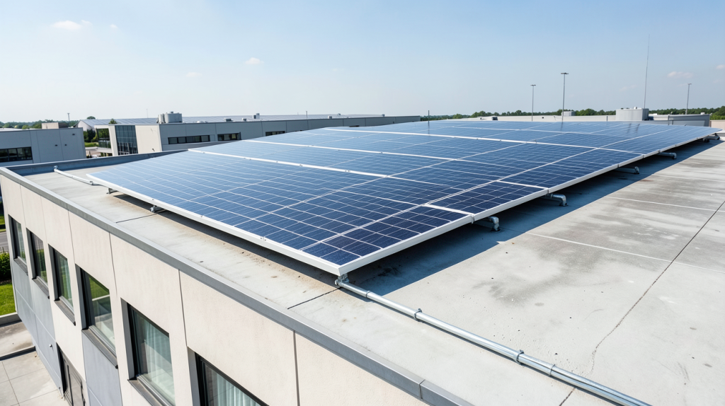 panneau photovoltaique 200w installé sur le toit d'un bâtiment commercial sous lumière naturelle