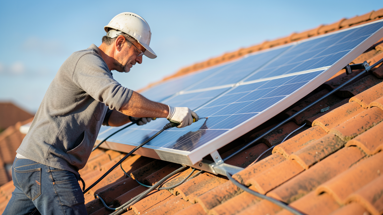 panneau photovoltaïque 2022 coût d'installation sur un toit en tuiles rouges avec un professionnel en action