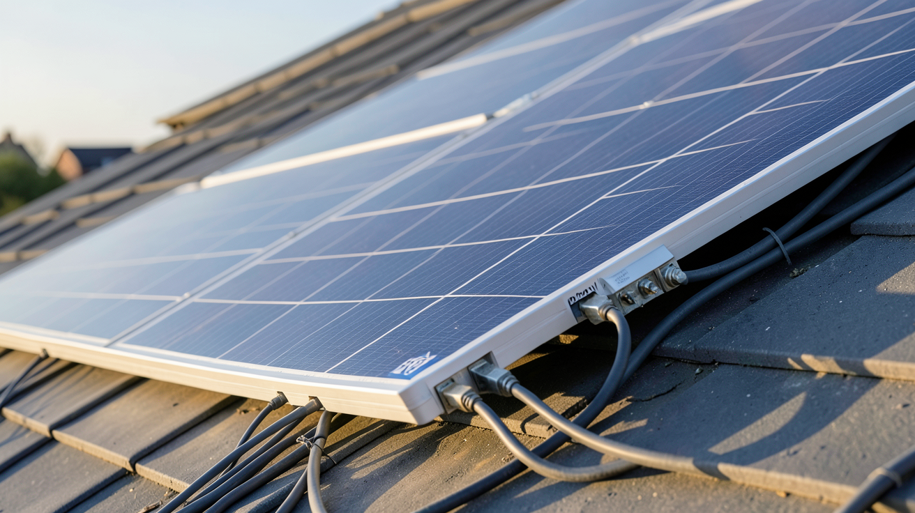 panneau photovoltaïque 220V installé sur un toit avec câbles électriques et boîtier de raccordement