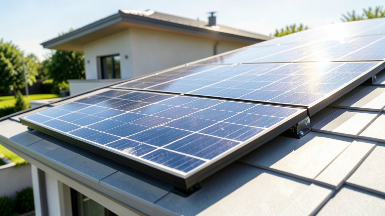 panneau photovoltaique 220v installé sur le toit d'une maison résidentielle sous le soleil