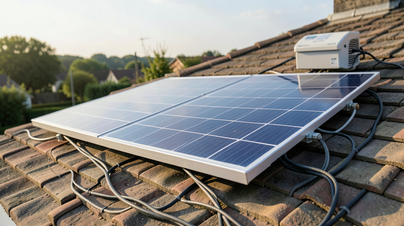 panneau photovoltaïque 220V produisant de l'électricité sur un toit résidentiel avec onduleur intégré