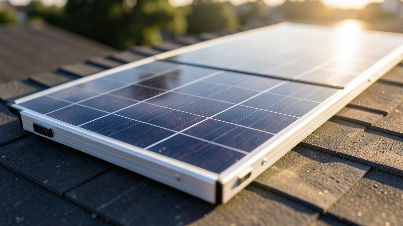 panneau photovoltaïque 24V de haute qualité installé sur un toit incliné avec une lumière naturelle du matin