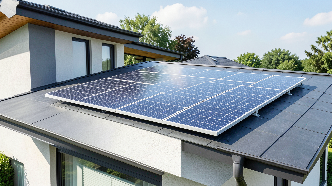 panneau photovoltaique 3000w posé sur le toit d'une maison contemporaine