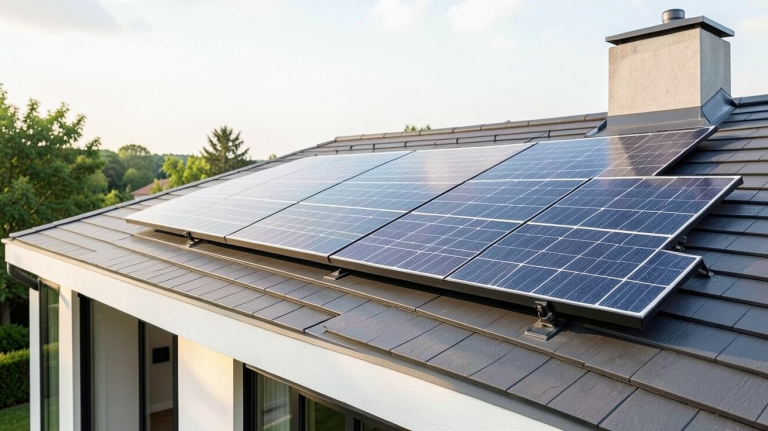 panneau photovoltaique 3000w installé sur le toit d'une maison contemporaine