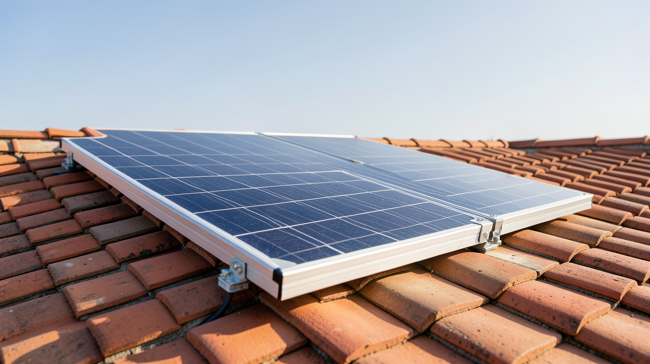 panneau photovoltaïque 300W installé sur un toit en tuiles rouges avec un ciel dégagé