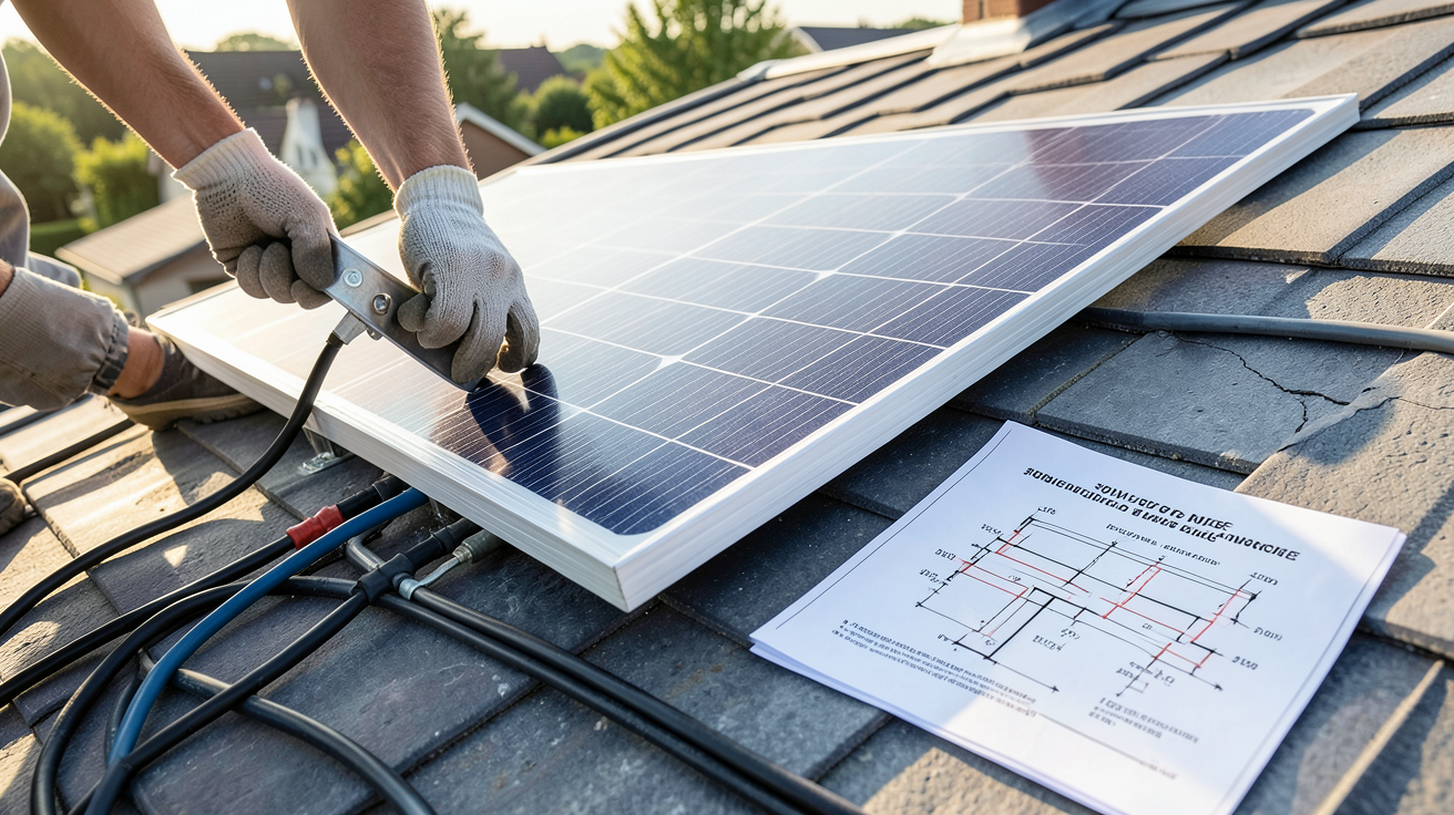 panneau photovoltaïque 300W en cours d'installation avec fixation, raccordement et schéma technique