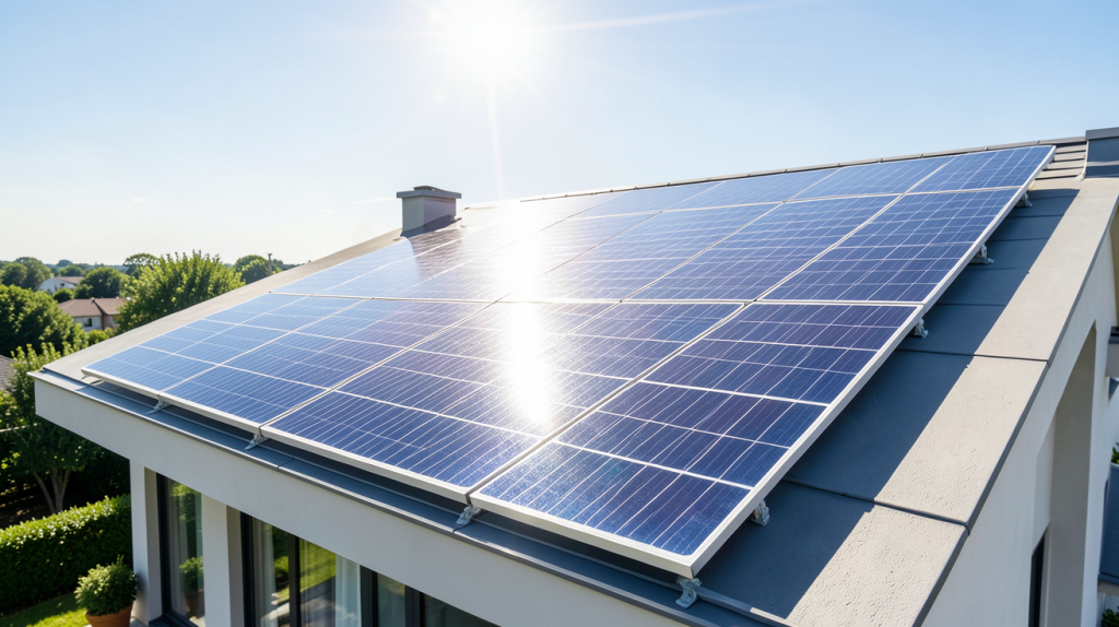 panneau photovoltaique 300w installé sur un toit résidentiel sous un soleil radieux