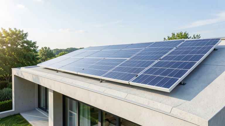 panneau photovoltaique 375w installé sur le toit d'une maison contemporaine