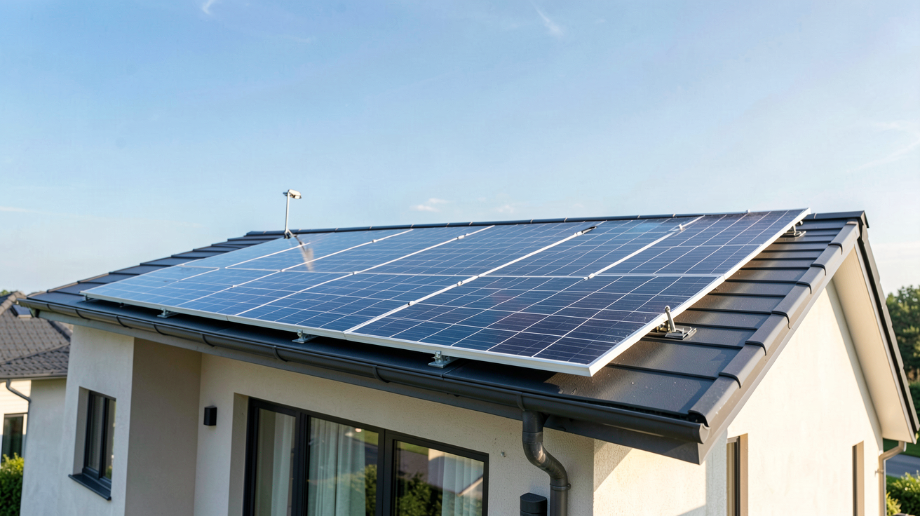panneau photovoltaïque 375Wc installé sur le toit d'une maison moderne sous un ciel bleu