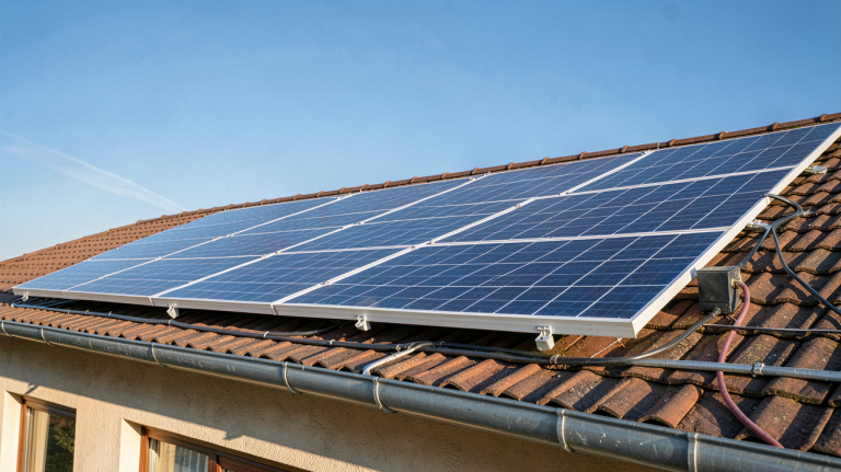panneau photovoltaïque 375Wc installé sur une toiture de maison sous un ciel bleu
