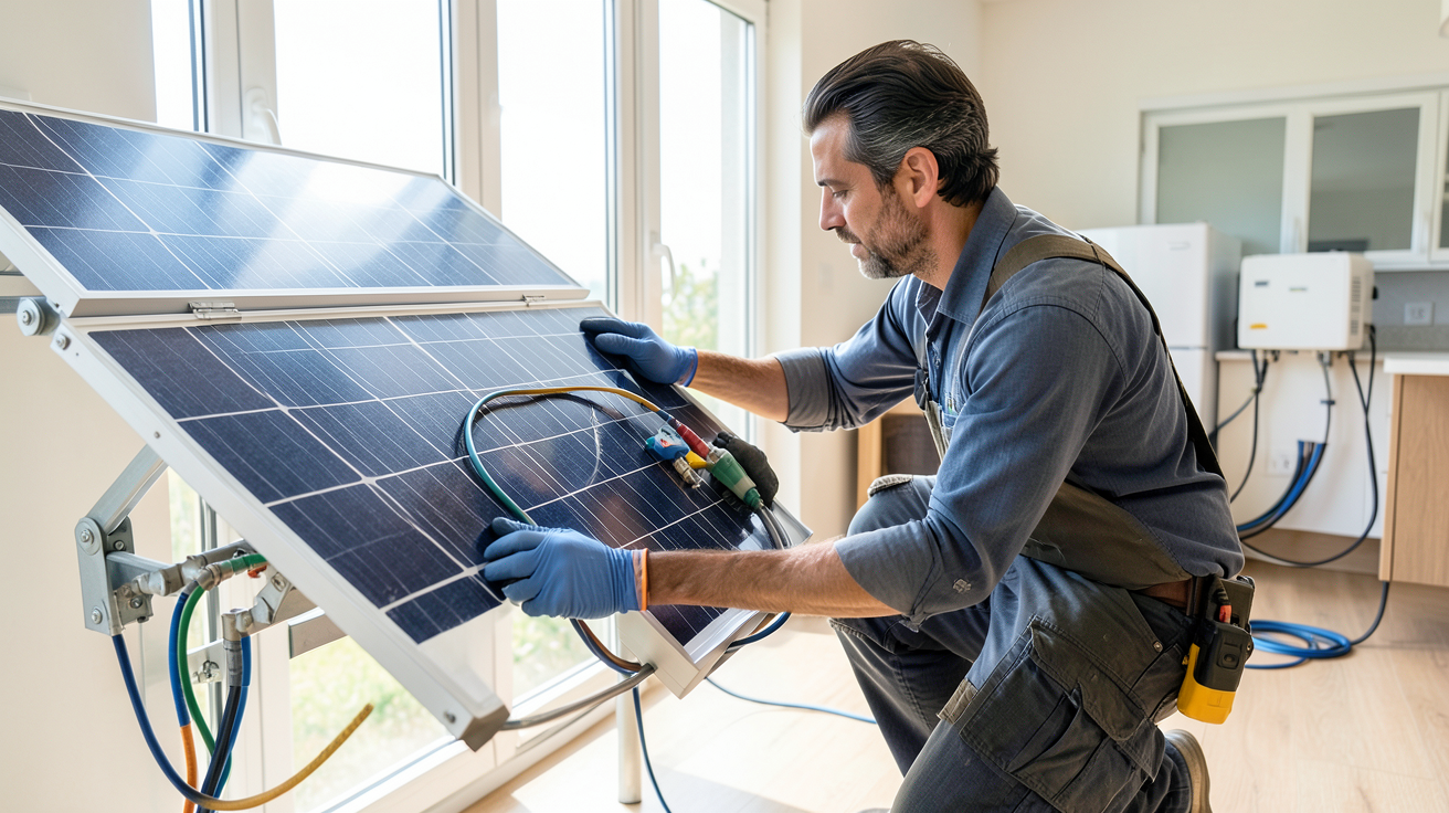 panneau photovoltaïque 380V en cours de raccordement par un technicien dans une installation domestique